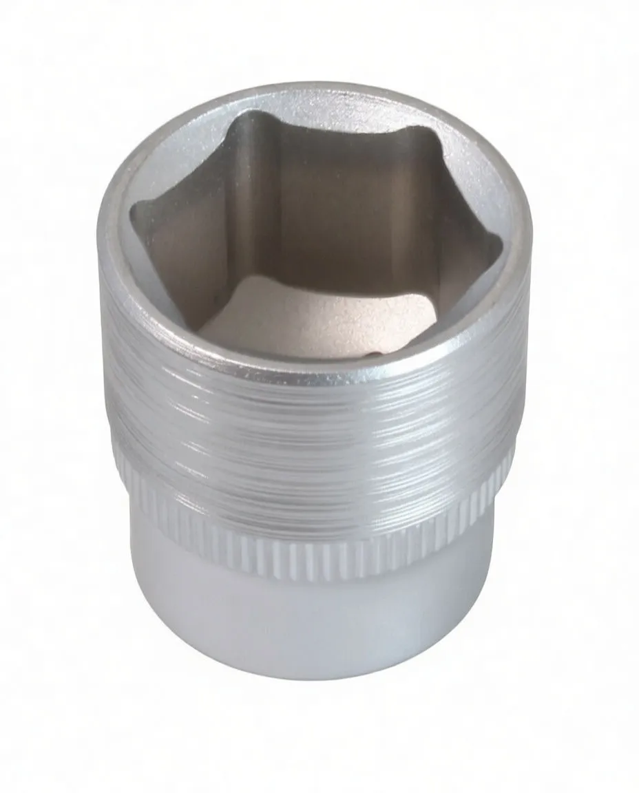 Top view into six-point hex cavity of a short 3/8" socket showing knurled band and side marking