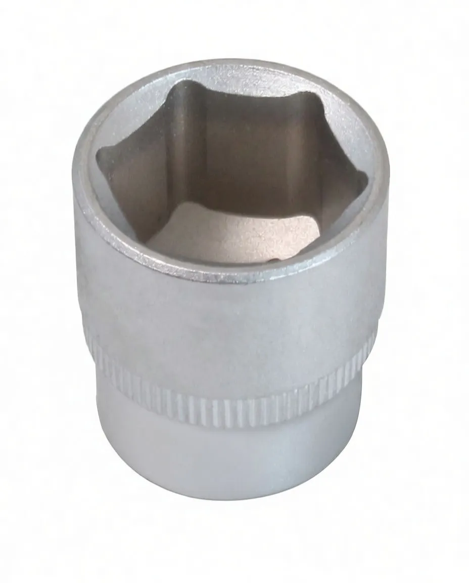 Top view into six-point socket showing internal profile, cylindrical body, knurled band and embossed brand