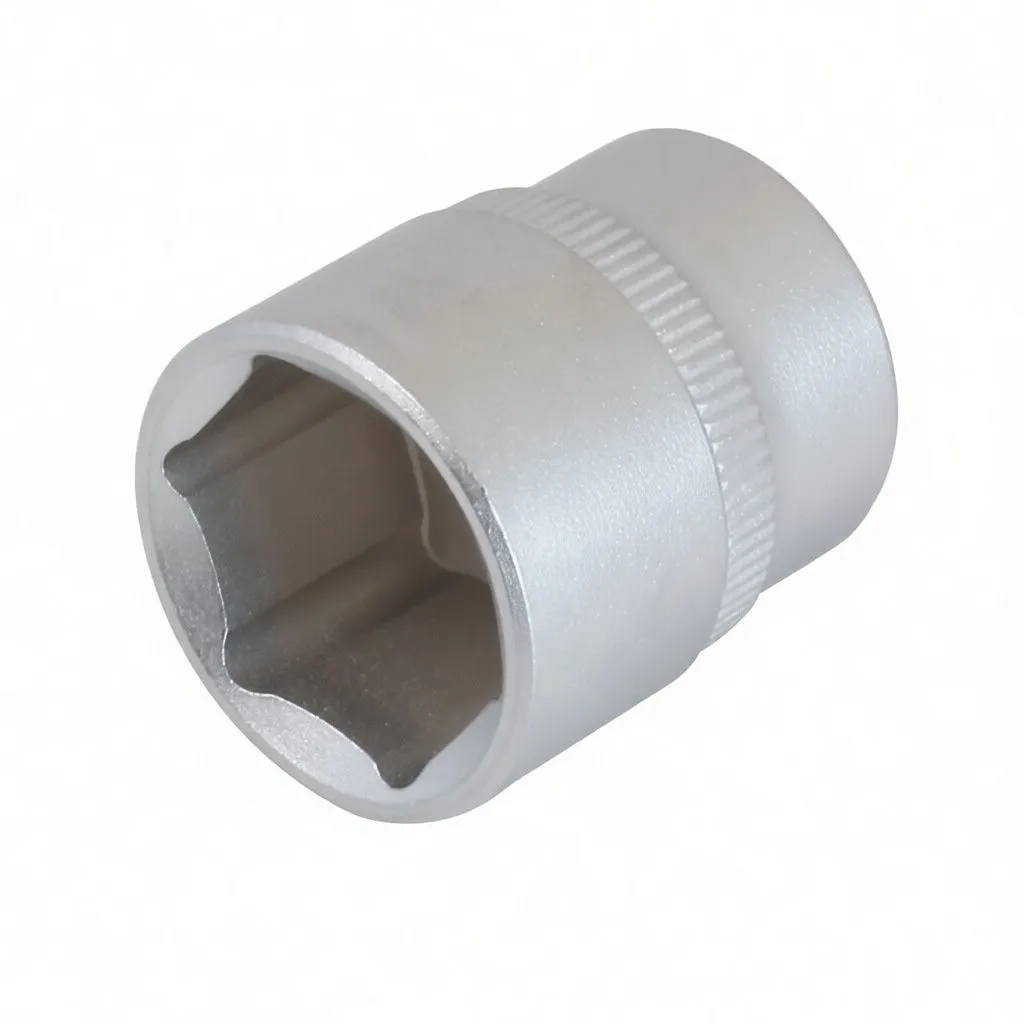 Socket showing square 3/8 inch drive recess, detent hole, knurled band and embossed logo