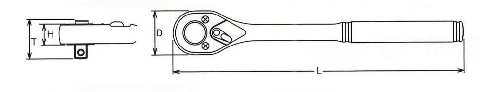 Dimensional technical drawing of curved ratchet handle with labeled measurements