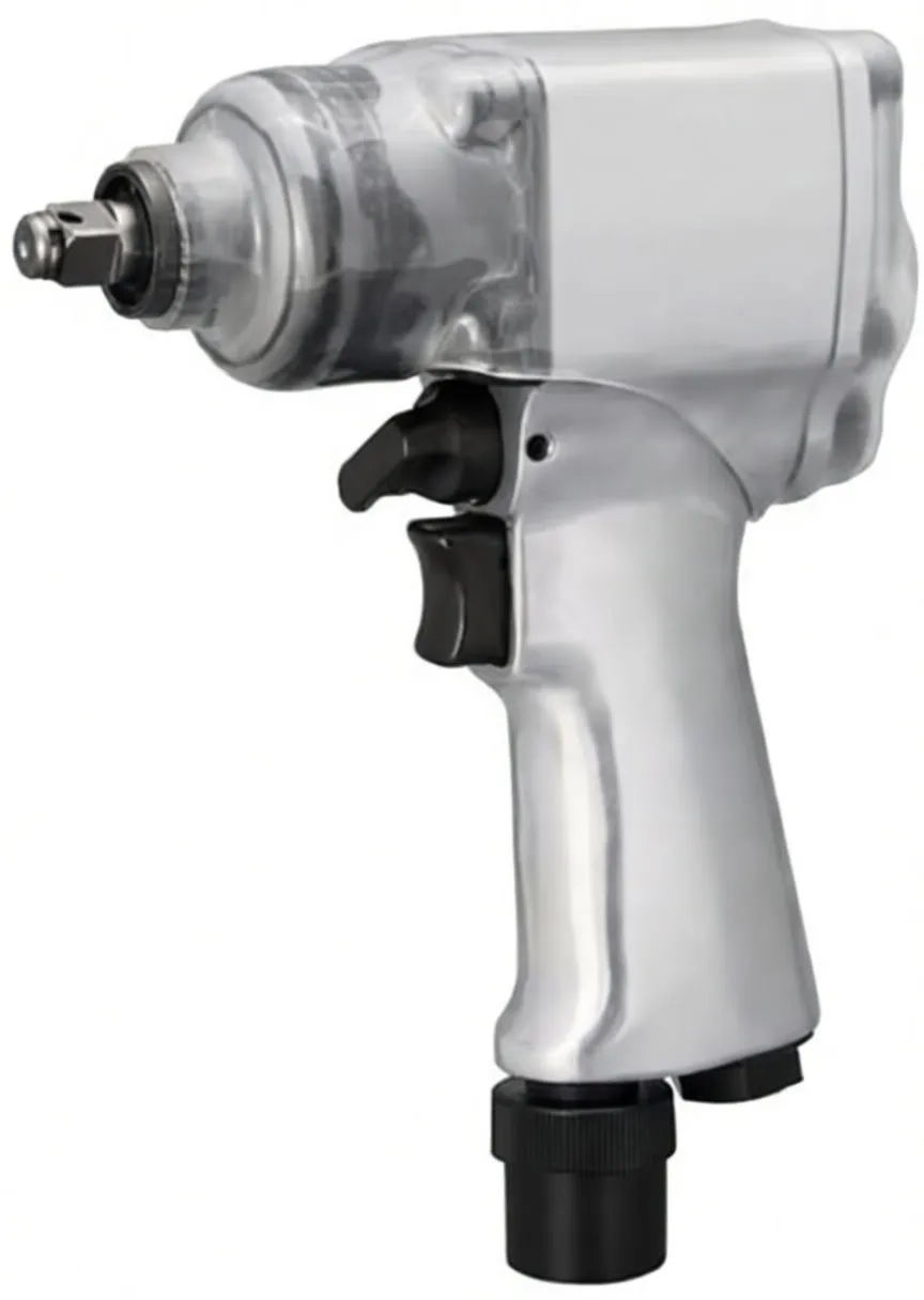 Rear three-quarter view of silver impact wrench showing rear cover with embossed circular logo and small metal label, black exhaust port, left-side selector lever, textured grip and air inlet.