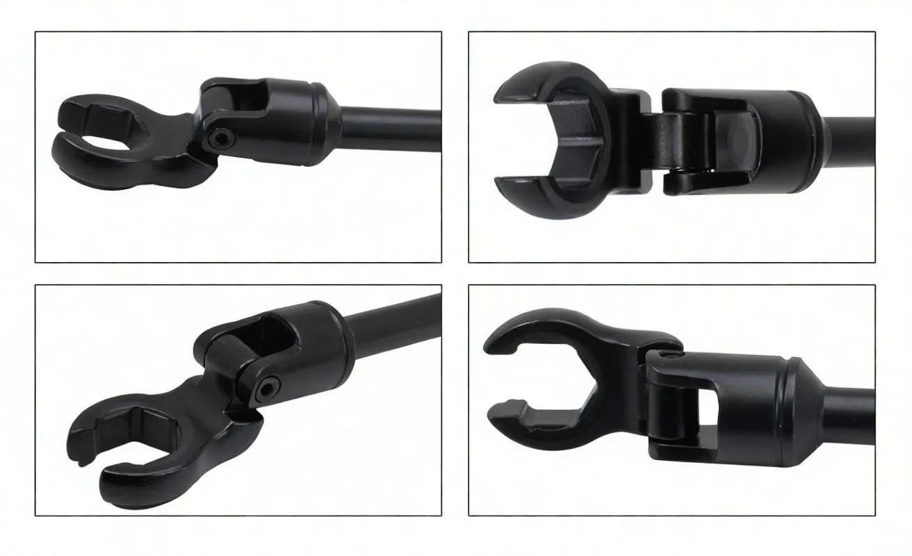 Close-up panels of crowfoot wrench pivot heads, forked jaws, pivot pins and collar markings