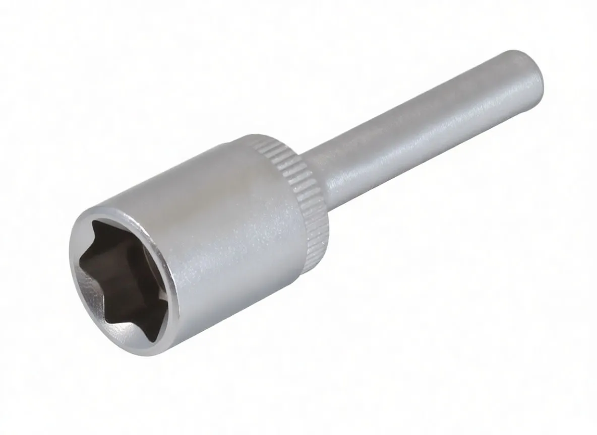 Side view of a short socket showing internal 3/8-inch square drive recess, knurled collar, stamped logo and a long shaft.