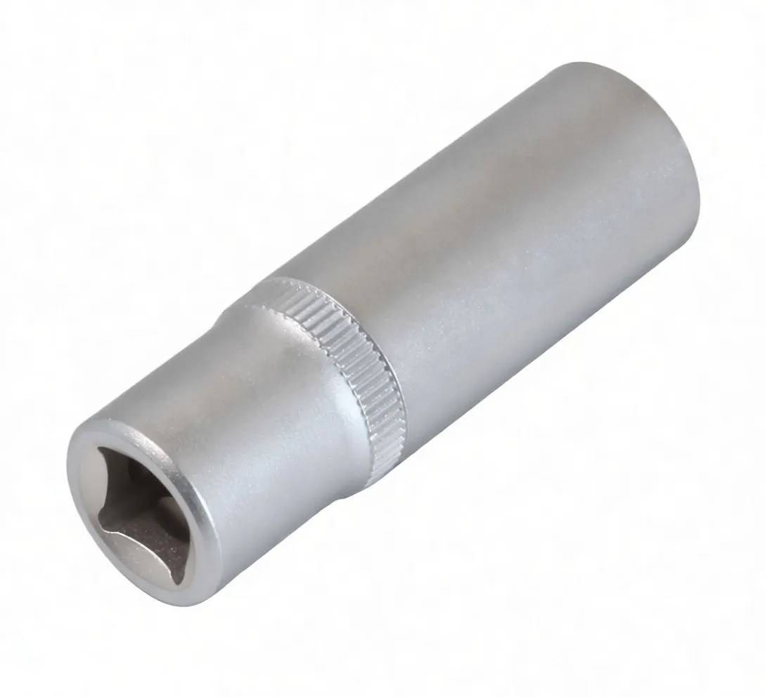 Three-quarter view of silver socket with knurled band and embossed brand marking
