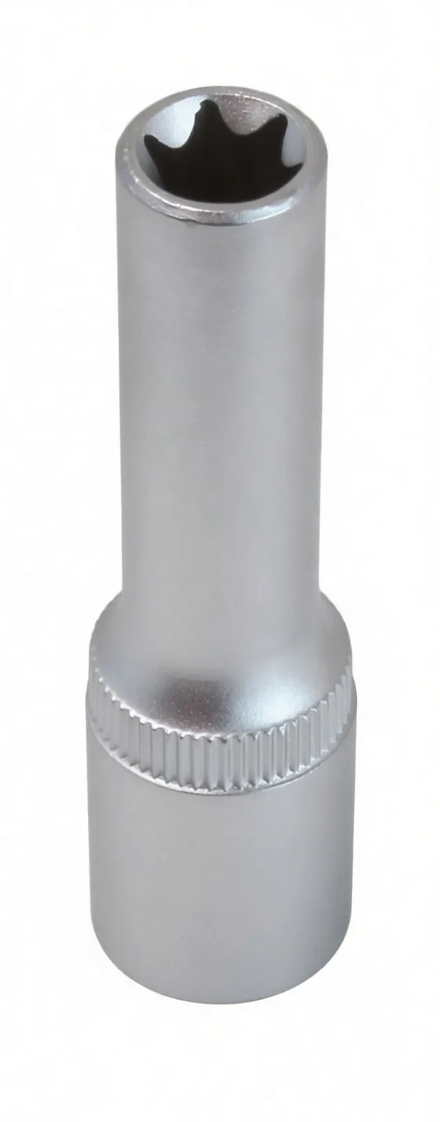 Vertical view of a silver E-type socket showing 6-lobe internal cavity, knurled ring and embossed logo