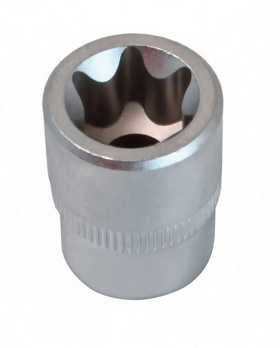 Top-down view showing six-lobe E-type interior of short socket and knurled exterior band