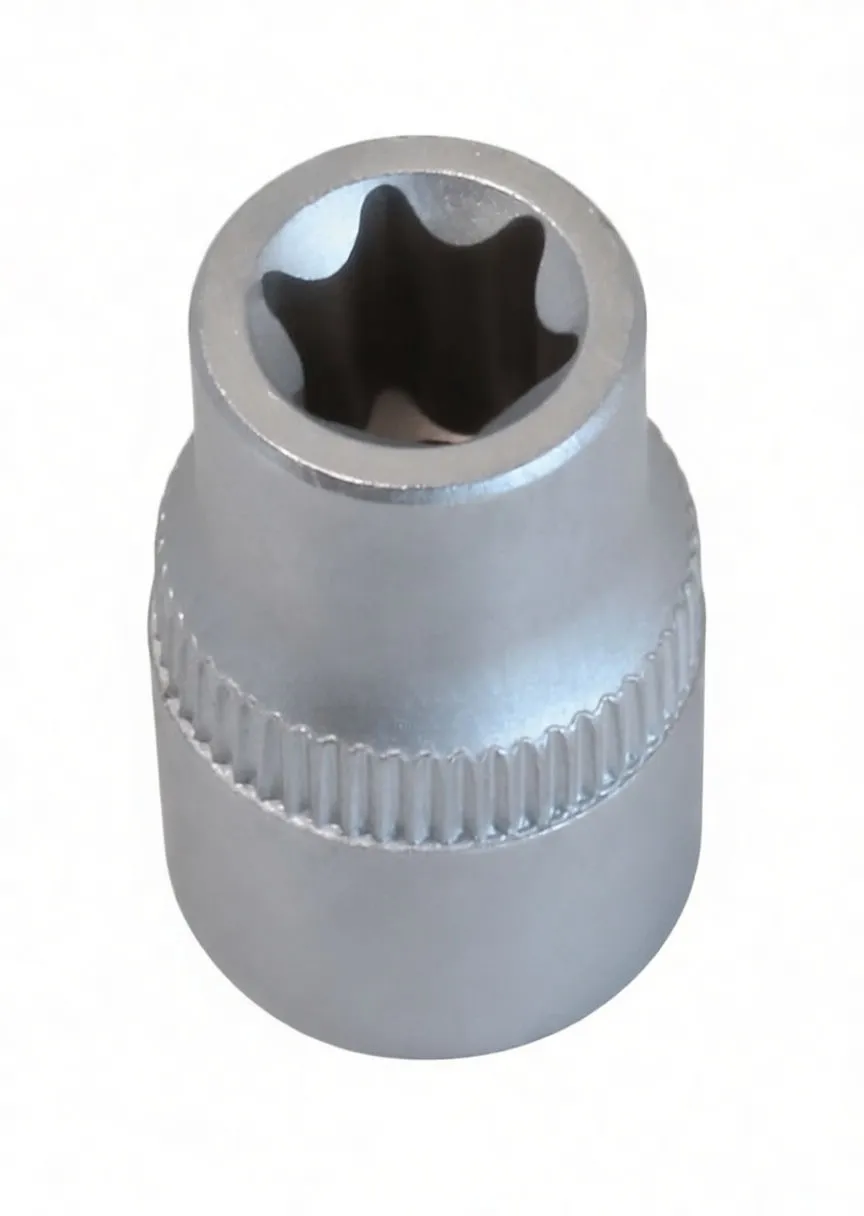 Angled top/side view of a short silver E-type socket showing knurled grip, embossed side marking, and the star-shaped recess inside the socket.