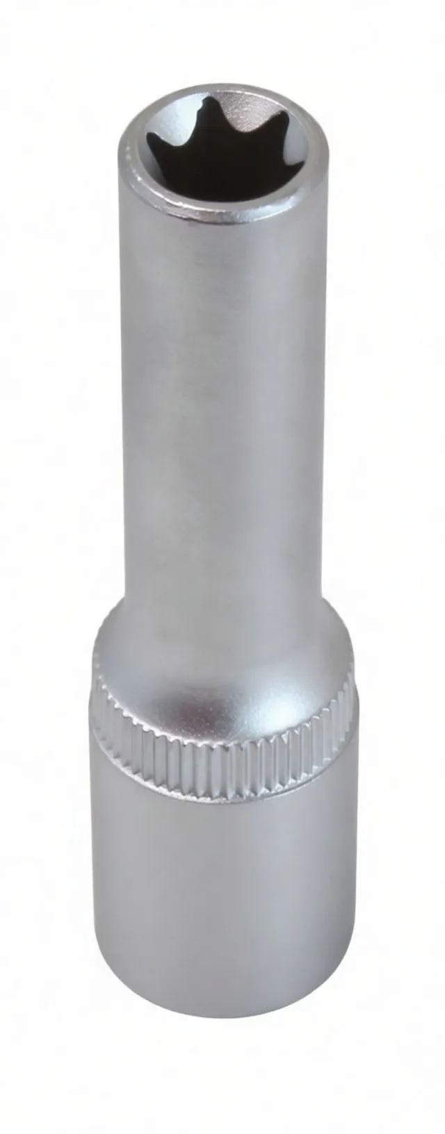 Perspective view of a matte chrome E-type socket with long shank, knurled grip band and embossed logo near the head