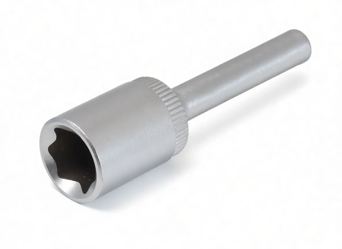 Socket head showing 3/8" square drive recess, knurled band and long shaft with E-type star tip