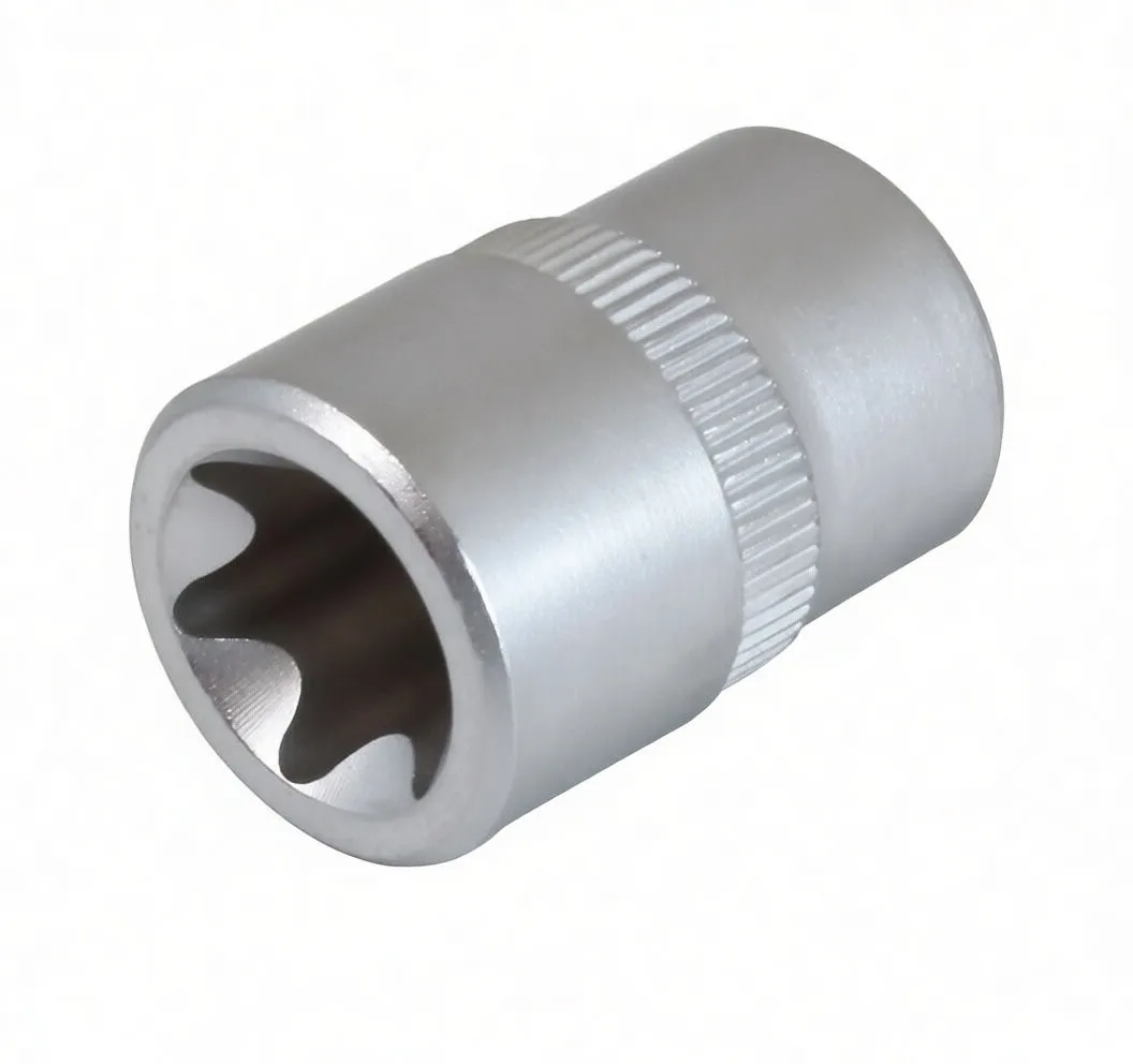 Side view of short satin chrome socket with knurled band and embossed marking