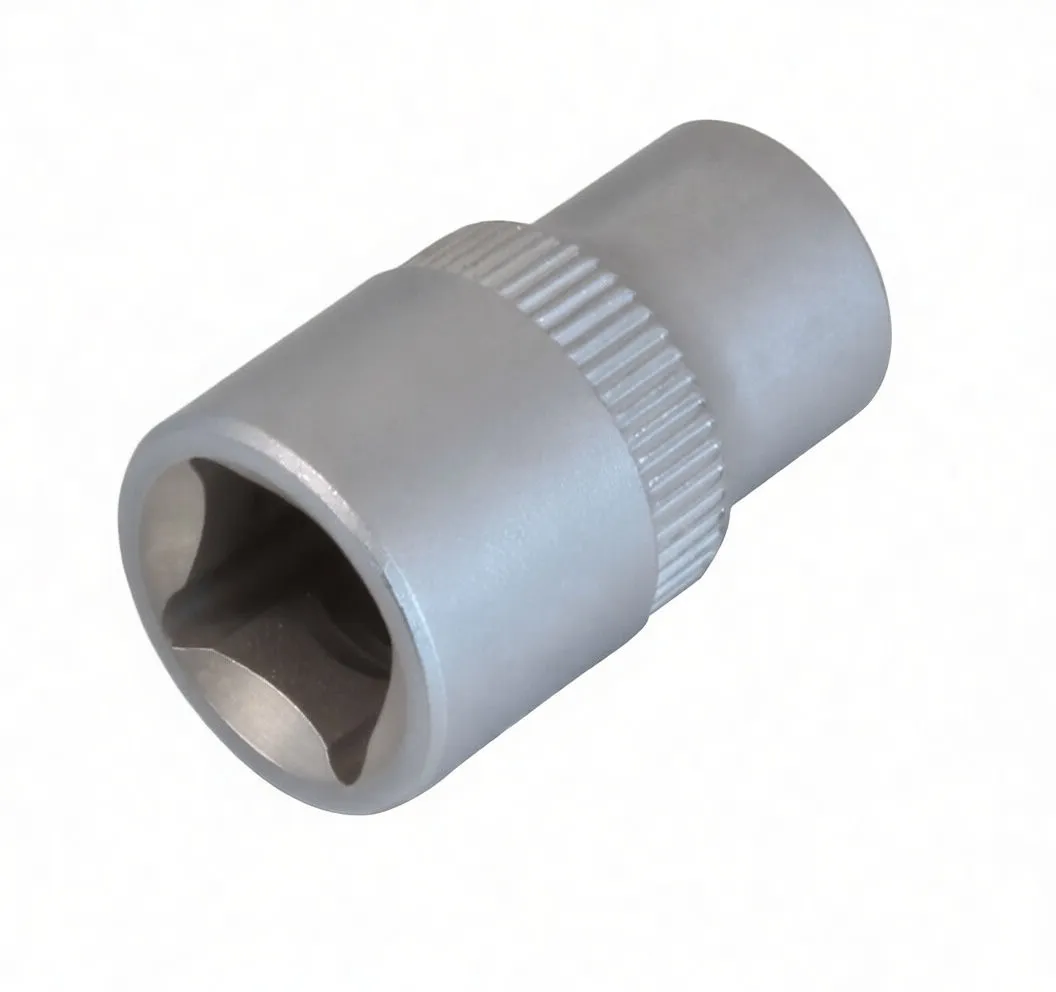 Top-down view of short metallic socket showing star-shaped internal cavity, knurled ring and embossed brand marking