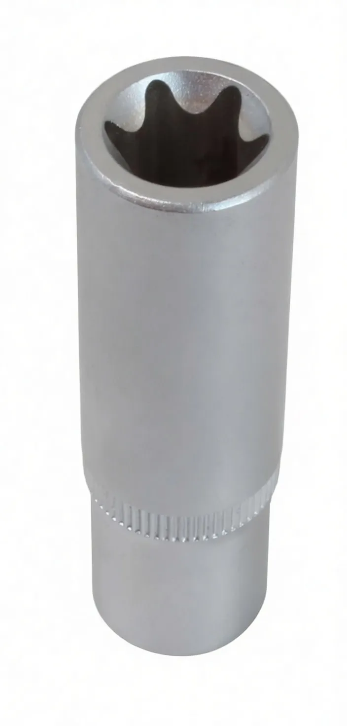 Top-down view of silver E-type socket showing internal lobed profile, knurled band and embossed logo