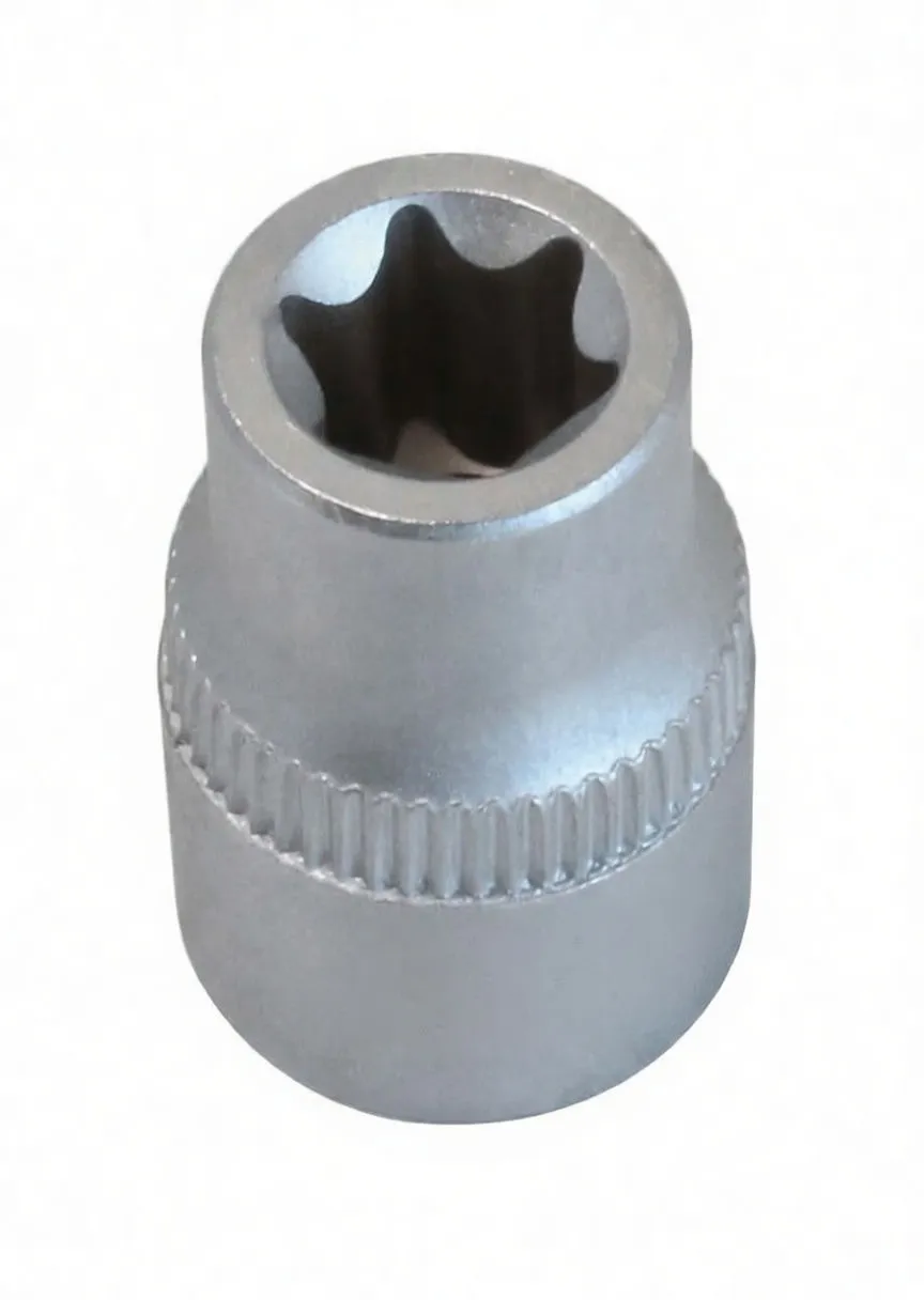 Top-down view into a short satin chrome E-type socket showing six-lobed internal profile and knurled band