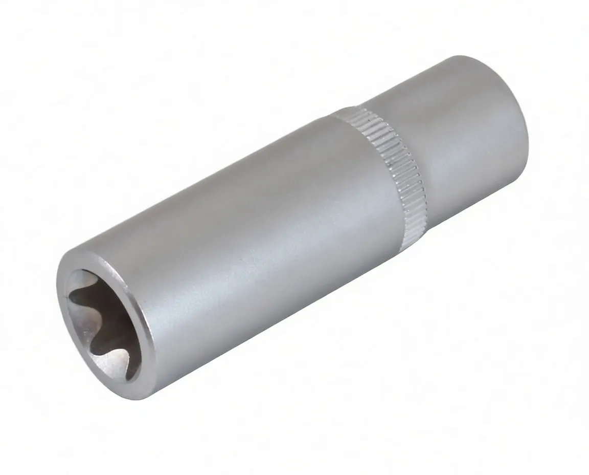 Top view of silver cylindrical socket showing six‑lobed E‑type interior and knurled grip band