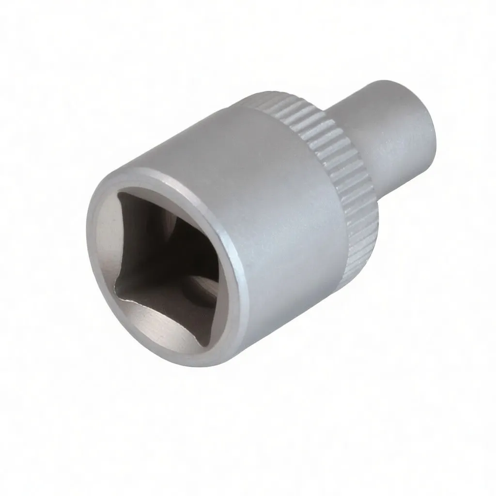 Angled view of socket adapter showing 3/8 inch square female drive, knurled ring and embossed brand on sleeve