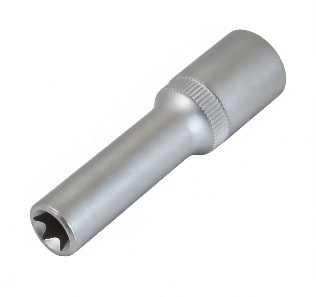 Front-on view of E-type socket showing six-lobed internal profile, knurled collar, embossed brand marking and long cylindrical shank