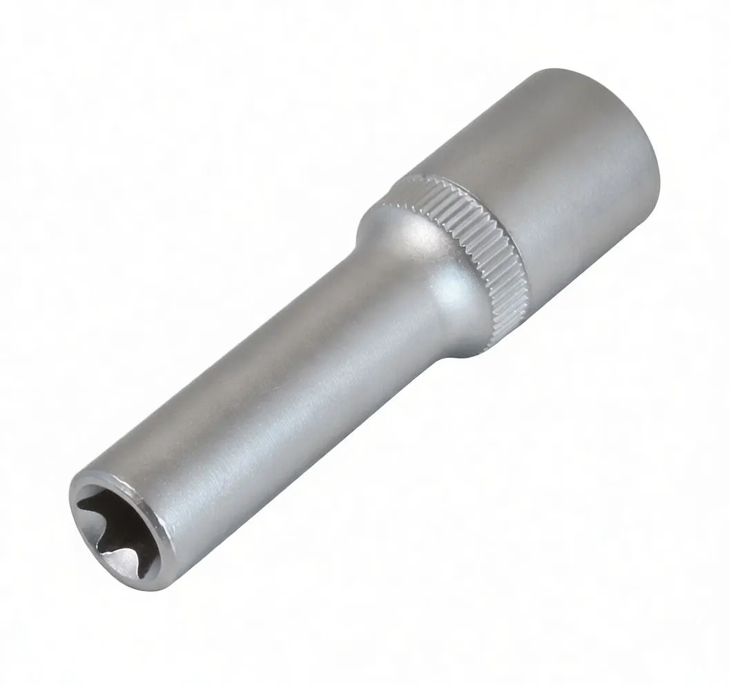 Perspective view showing square drive recess inside E-type socket, long shank, knurled collar and embossed brand marking