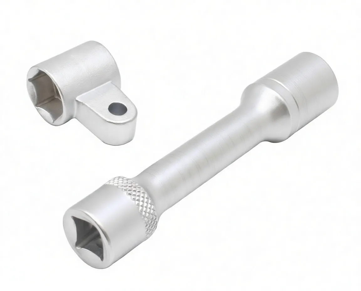 Angled shot showing handle branding and part code, knurled grip, universal joint and detached socket with mounting hole