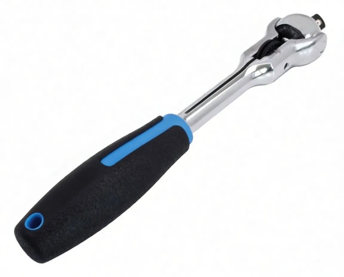 Handle-focused view of a 3/8-inch ratchet showing a black rubber ergonomic grip with blue accents and a metal badge