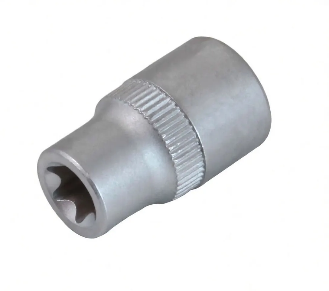 Perspective view of silver short socket showing star-shaped interior, knurled mid band and embossed brand letters on the side