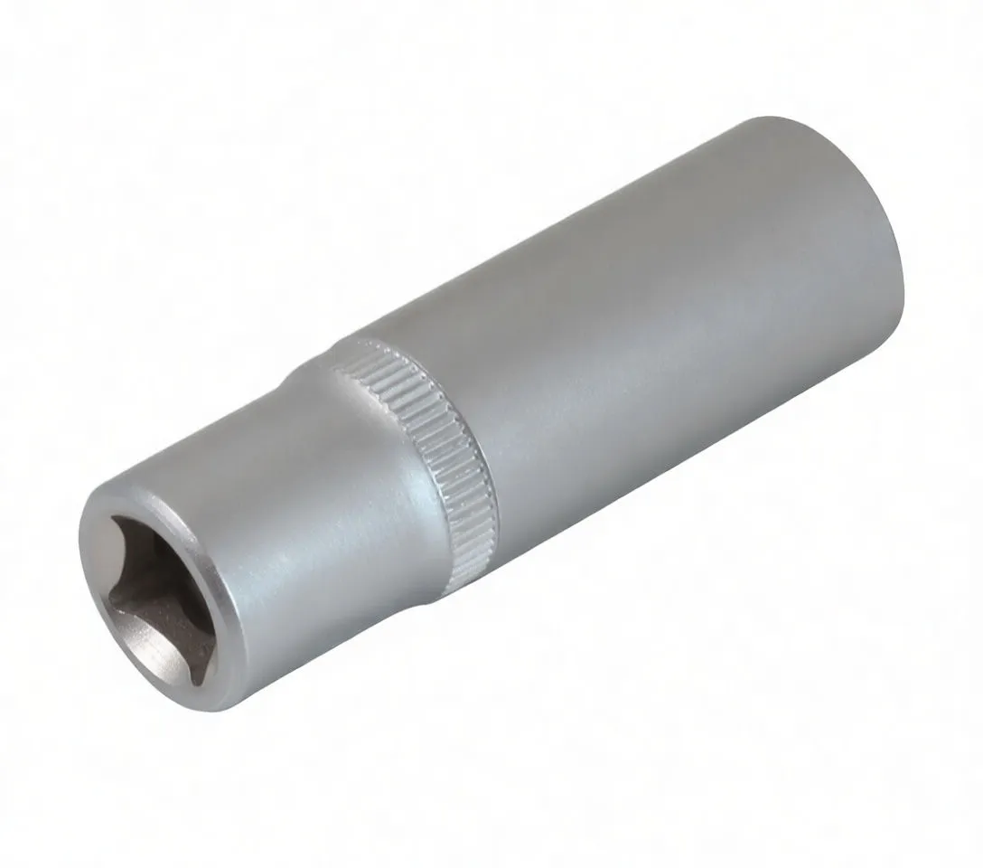Side-angle of silver short socket with knurled ring and embossed brand marking visible
