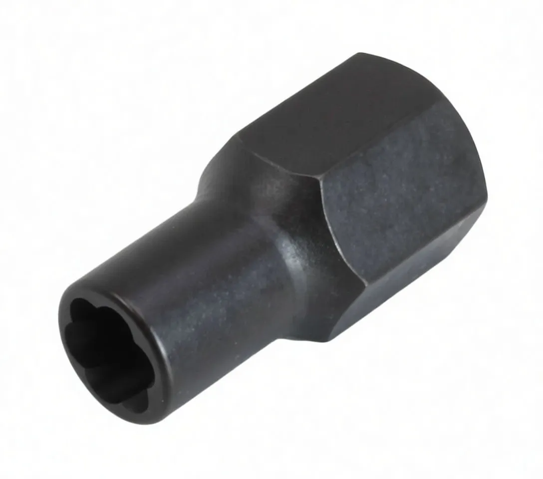 Angled view of black 8mm screw socket showing hex flats, cylindrical neck and 6-lobed internal tip with brand marking