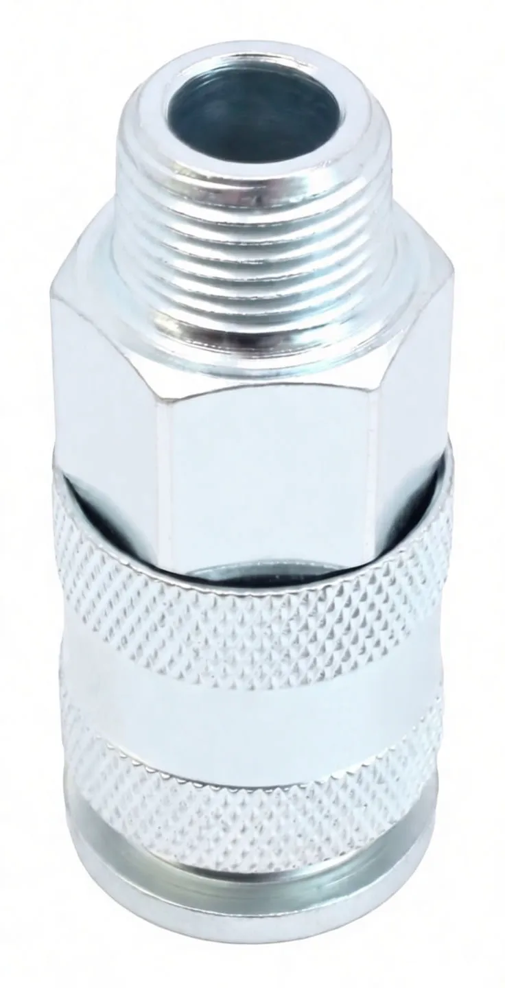 Angle view of coupling showing flanged female socket, knurled sleeve and male threaded end.