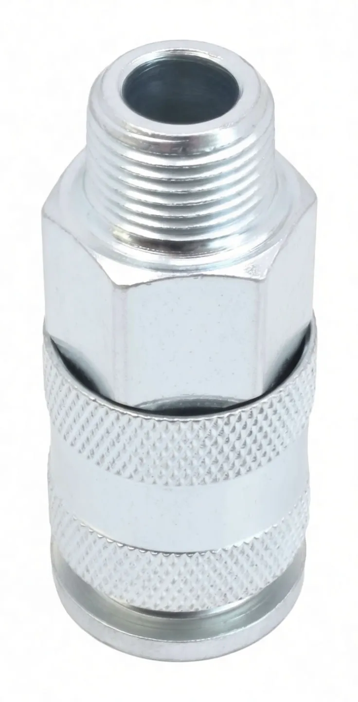 Top-down view of coupling showing threaded male end, hex section with stamped marking, and knurled sleeve.