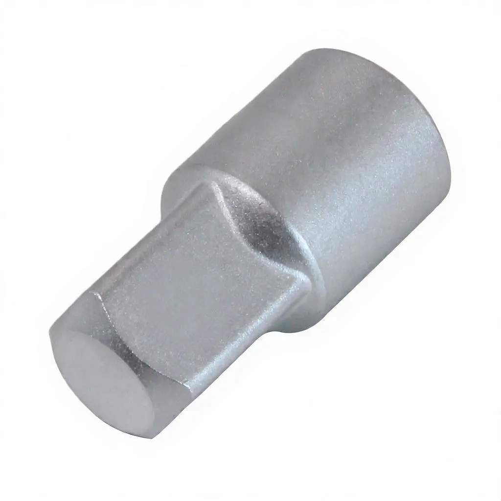 Front view of silver square drive reducer adapter showing detent ball and embossed logo