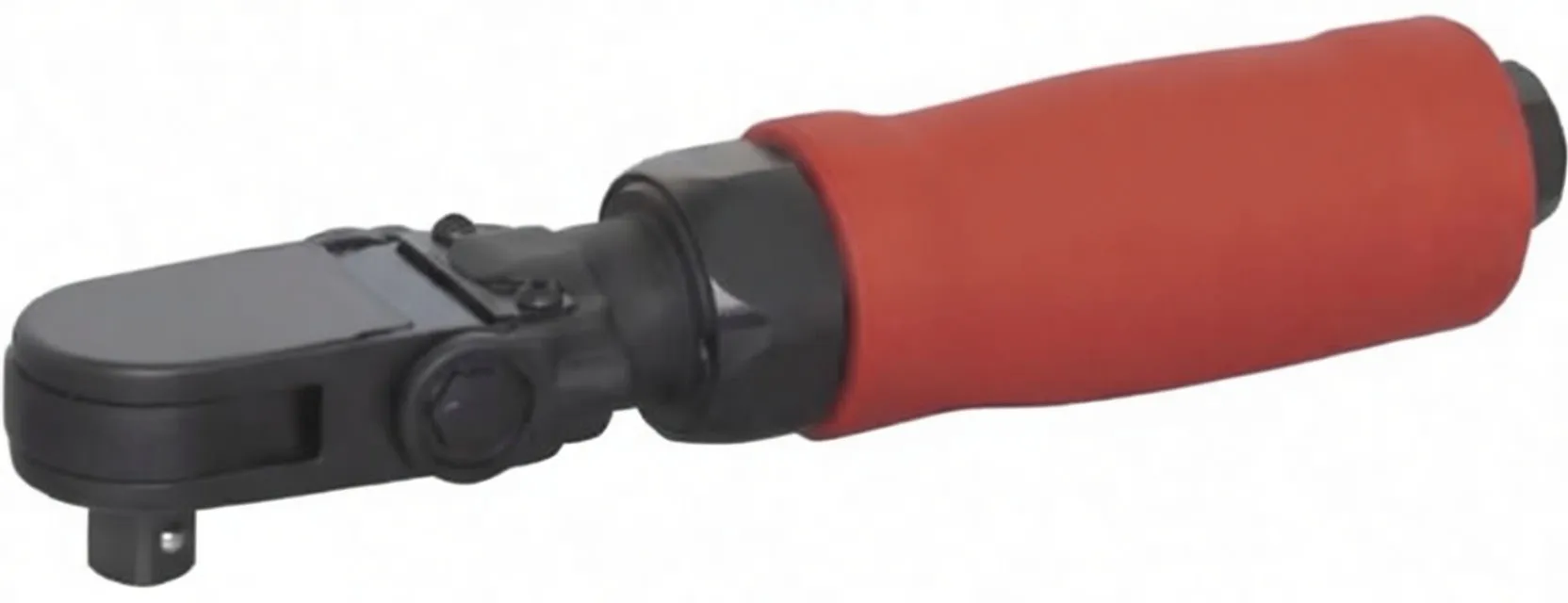 Angled side view of red-handled pneumatic 3/8 inch ratchet wrench showing adjustment knob and logo