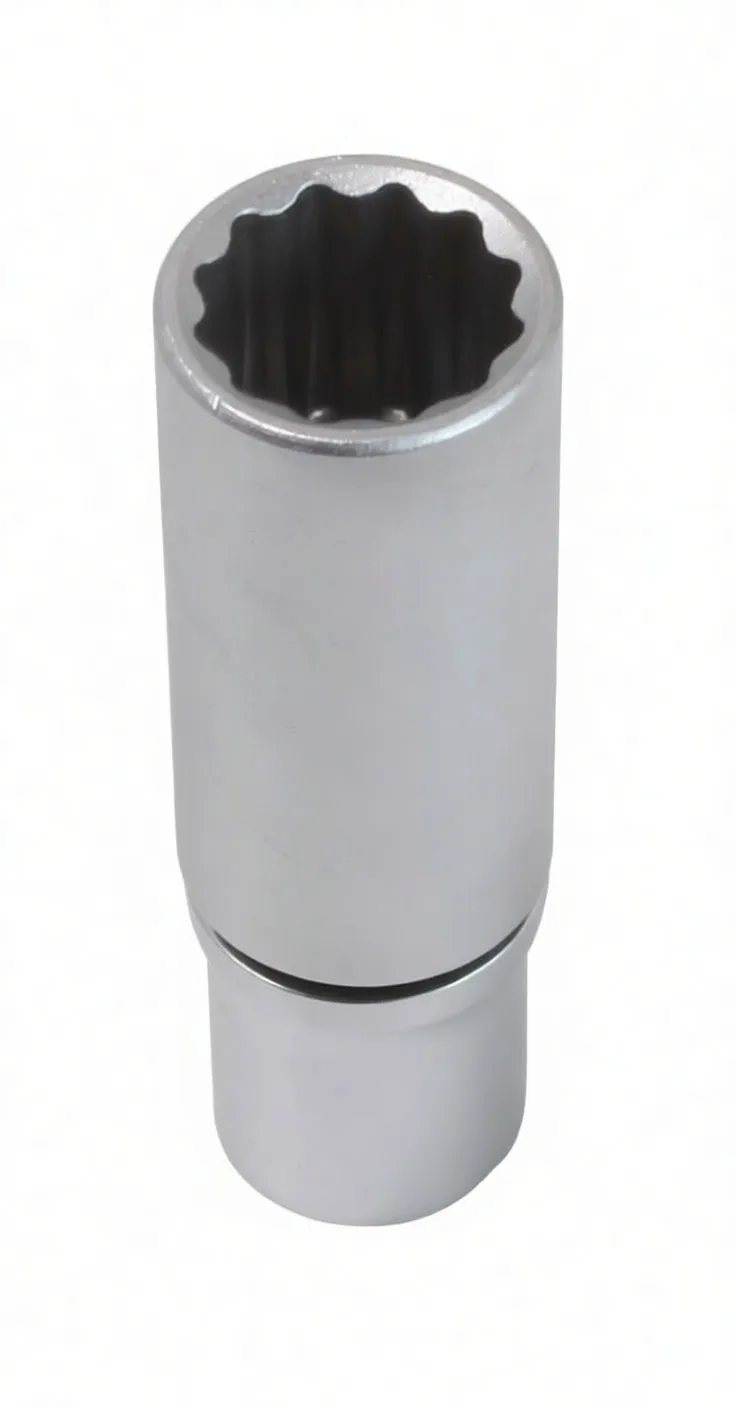 Top view into a long 12-point socket showing internal 12-point splines and exterior knurled ring