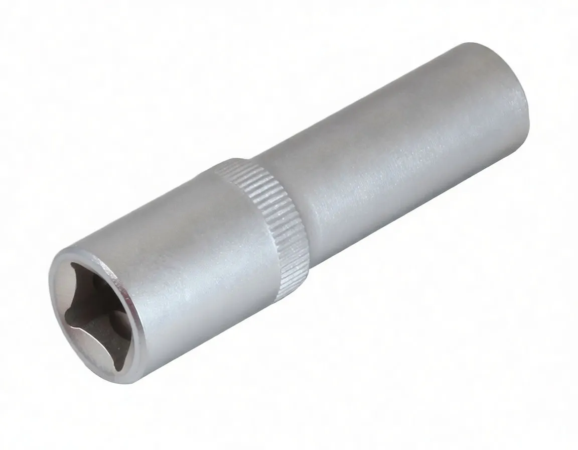 upright view of a long 12‑point socket showing top opening, knurled grip ring and brand marking on base