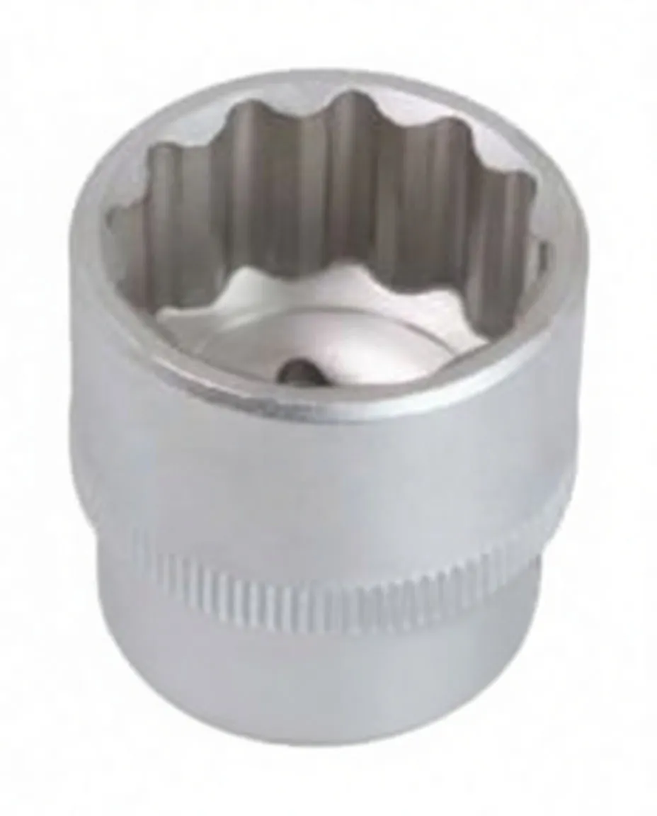 Top view into a short 12-point socket showing internal 12-point profile and detent ball
