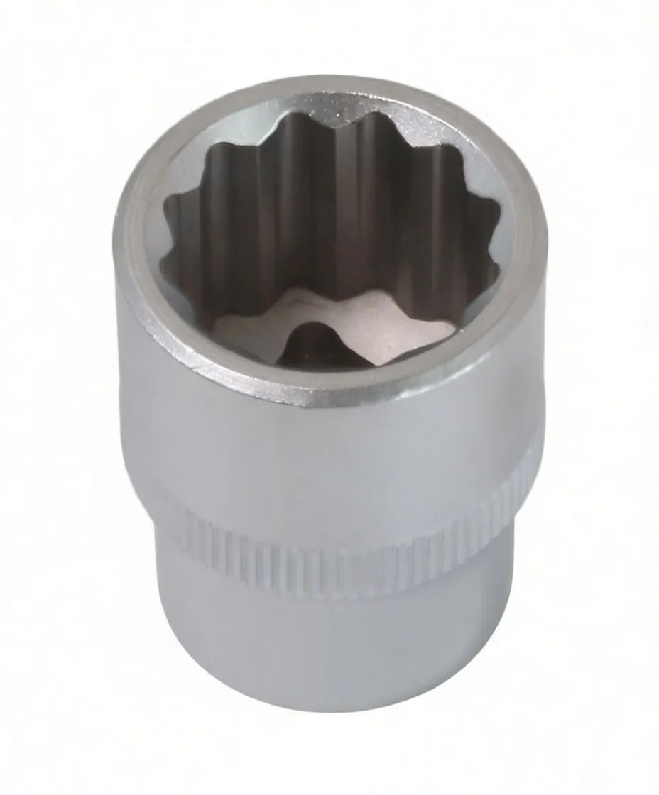 Top view into 12-point socket showing star interior and square drive recess with knurled band