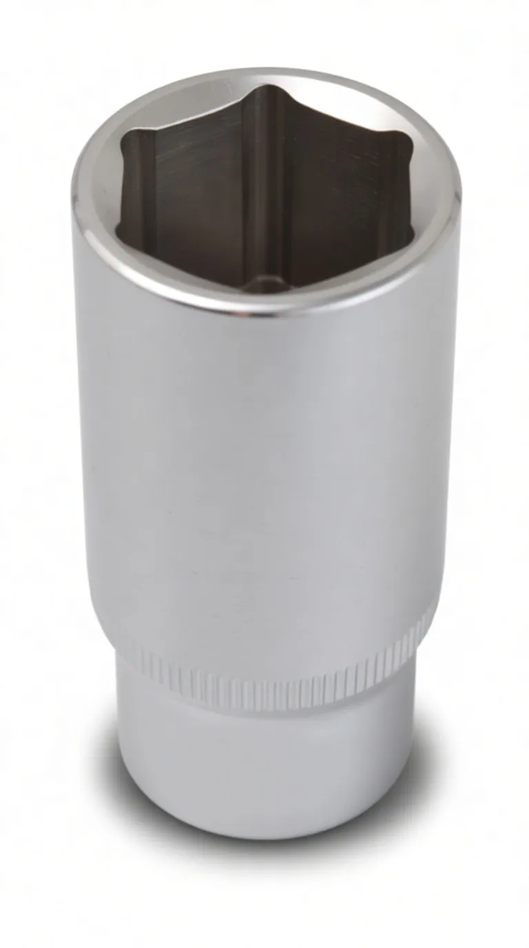 Top/angled view of long 6-point socket showing interior profile, knurled band and marking