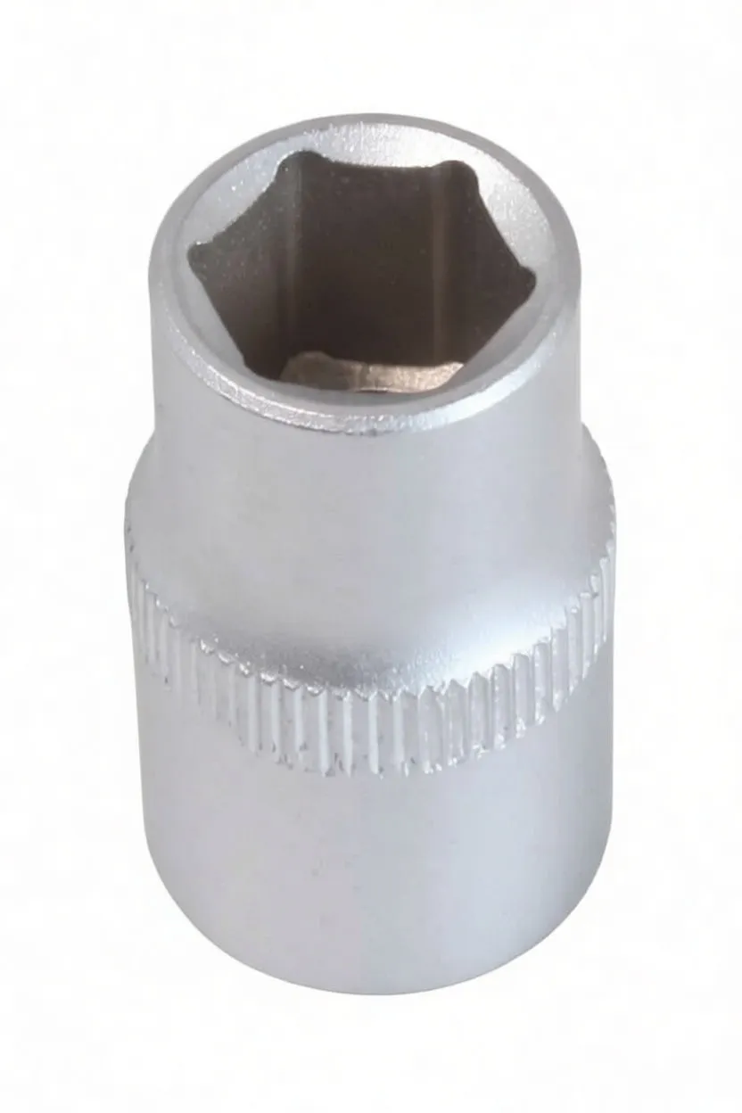 Perspective view of a short silver 6-point socket showing hex recess, knurled grip band and stamped size marking