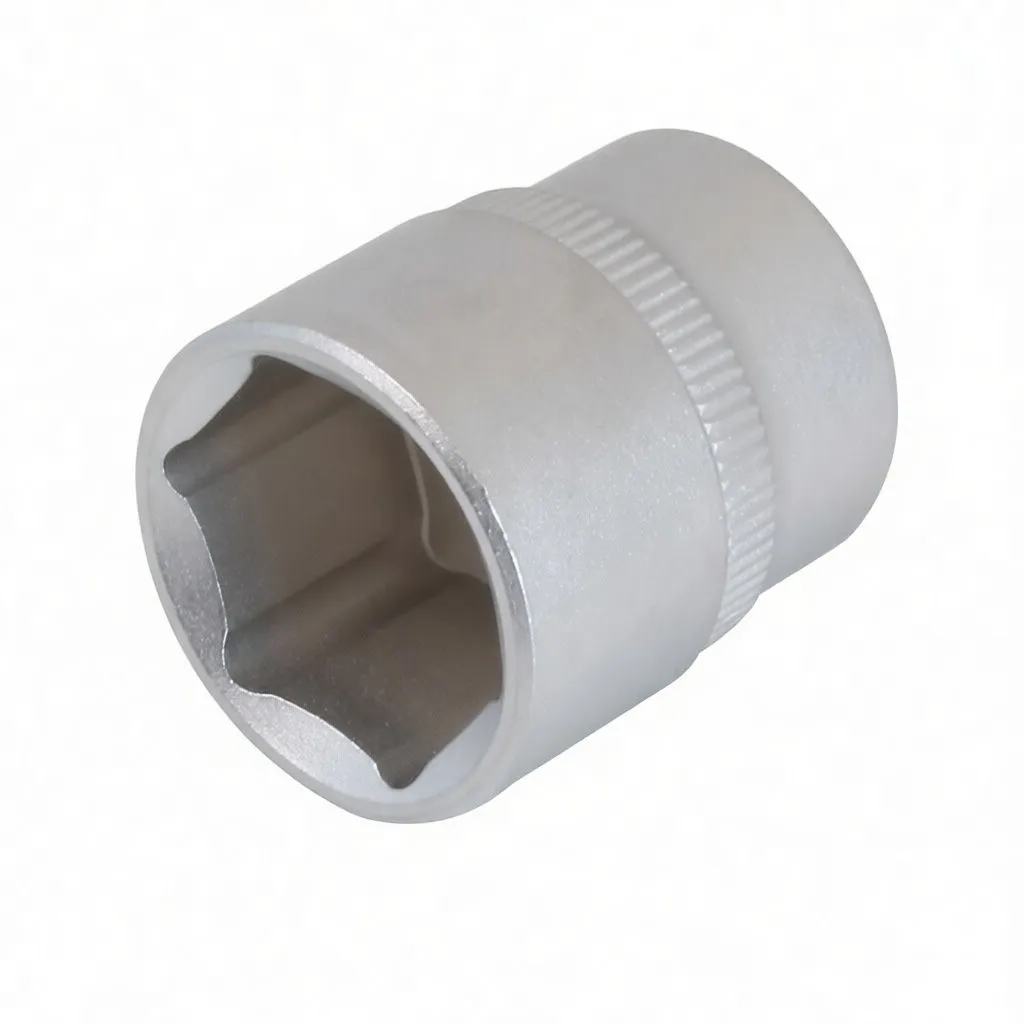 Perspective view of a short silver socket showing the square 3/8" drive recess, knurled mid band and embossed brand logo.
