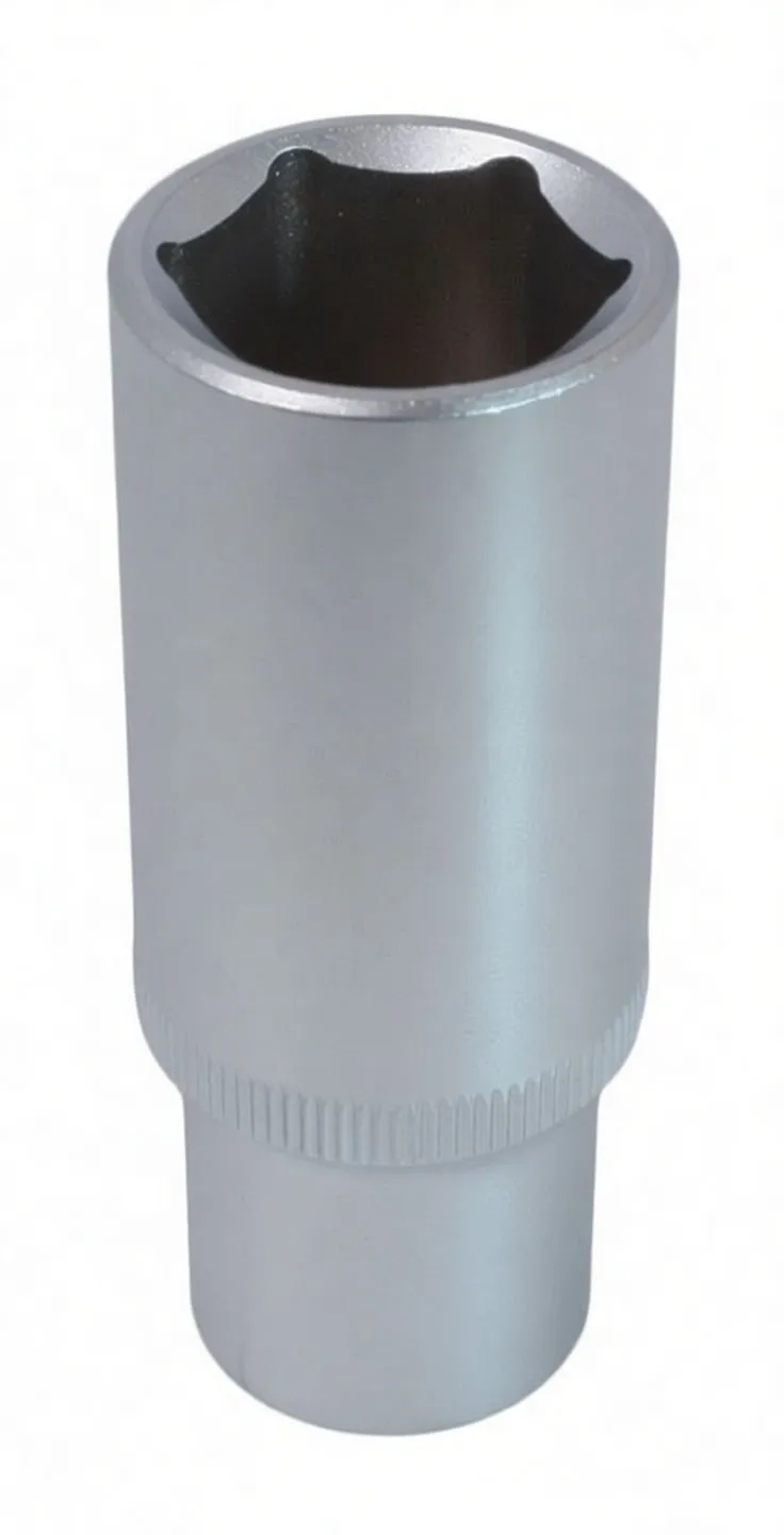 Front view of a long 6-point socket showing hex interior and knurled grip