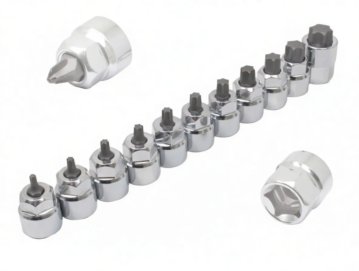 Line of 11 chrome low-profile Torx bit sockets showing hex bodies and short star tips