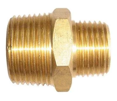 Side view of brass hex nipple showing threads and hexagonal wrench flats