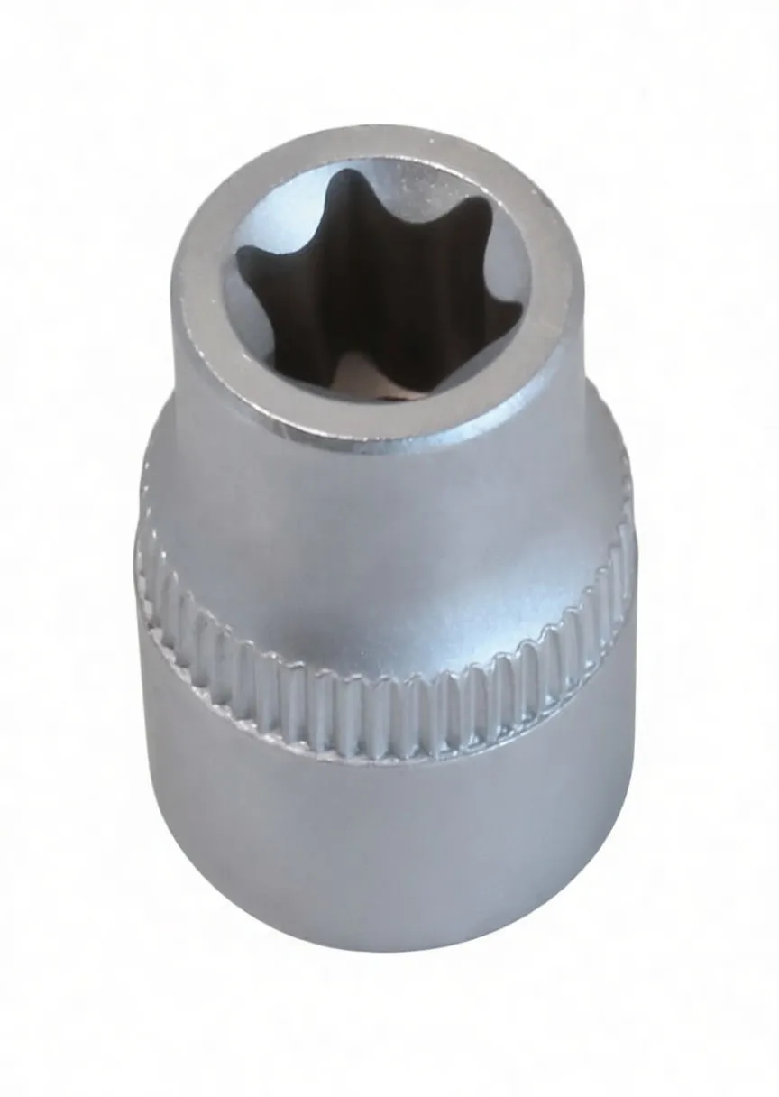 Side/angled view of a short chrome E-type socket showing knurled band and embossed brand marking