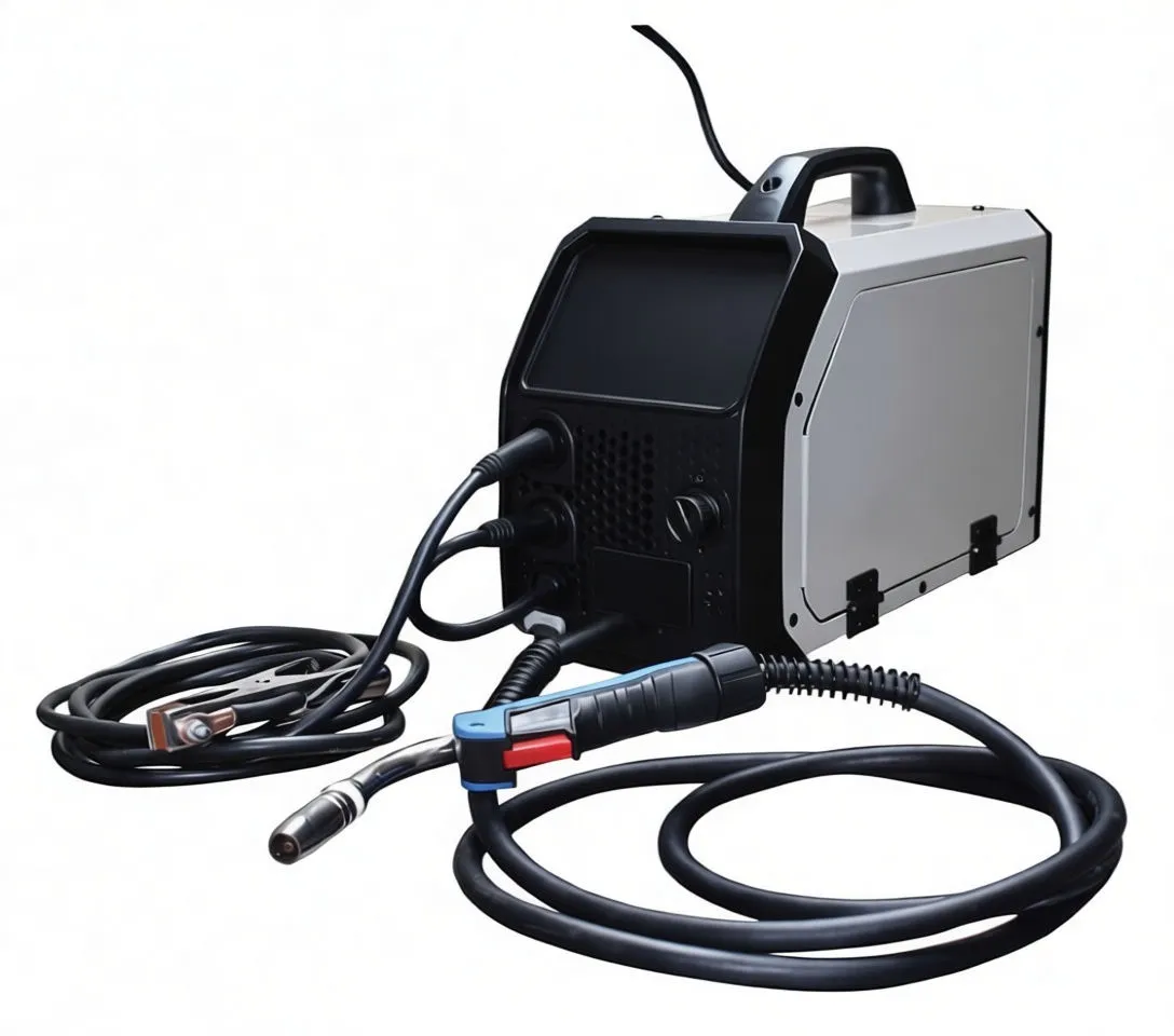 Welder side door open showing wire spool and feed mechanism, gloved hand adjusting controls on front panel.