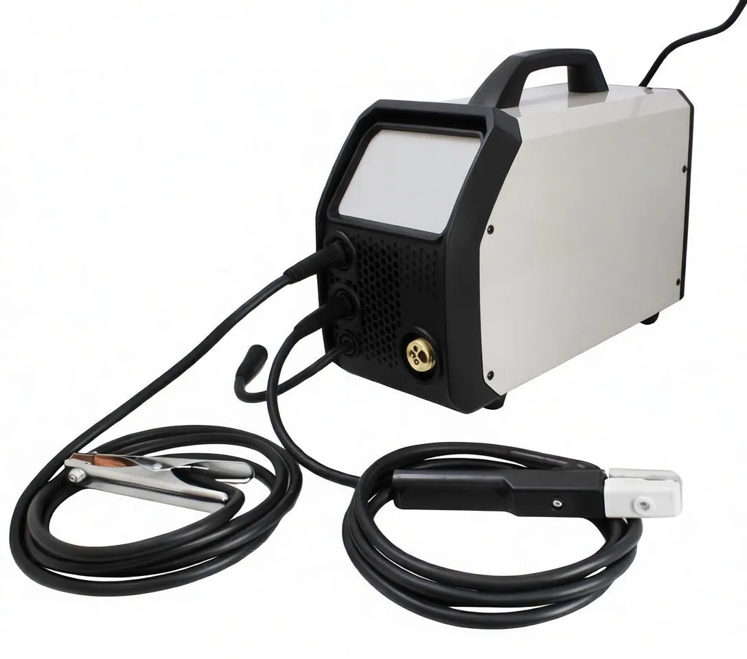 Front-left view of welder with cables, ground clamp and electrode holder, illuminated digital displays and front connectors.