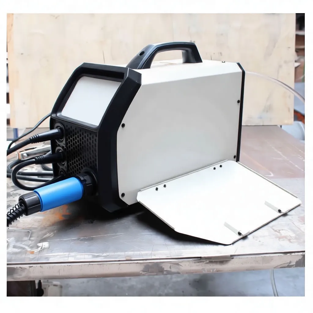 SaTra S-311A200 welder on white background with MIG torch and coiled cable, side logo and top handle visible.
