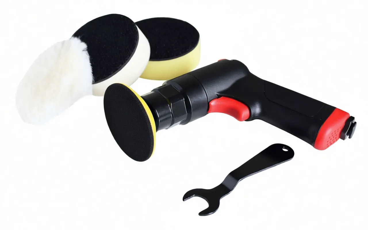 Angled case view showing pistol-grip air polisher with pads and molded storage compartments