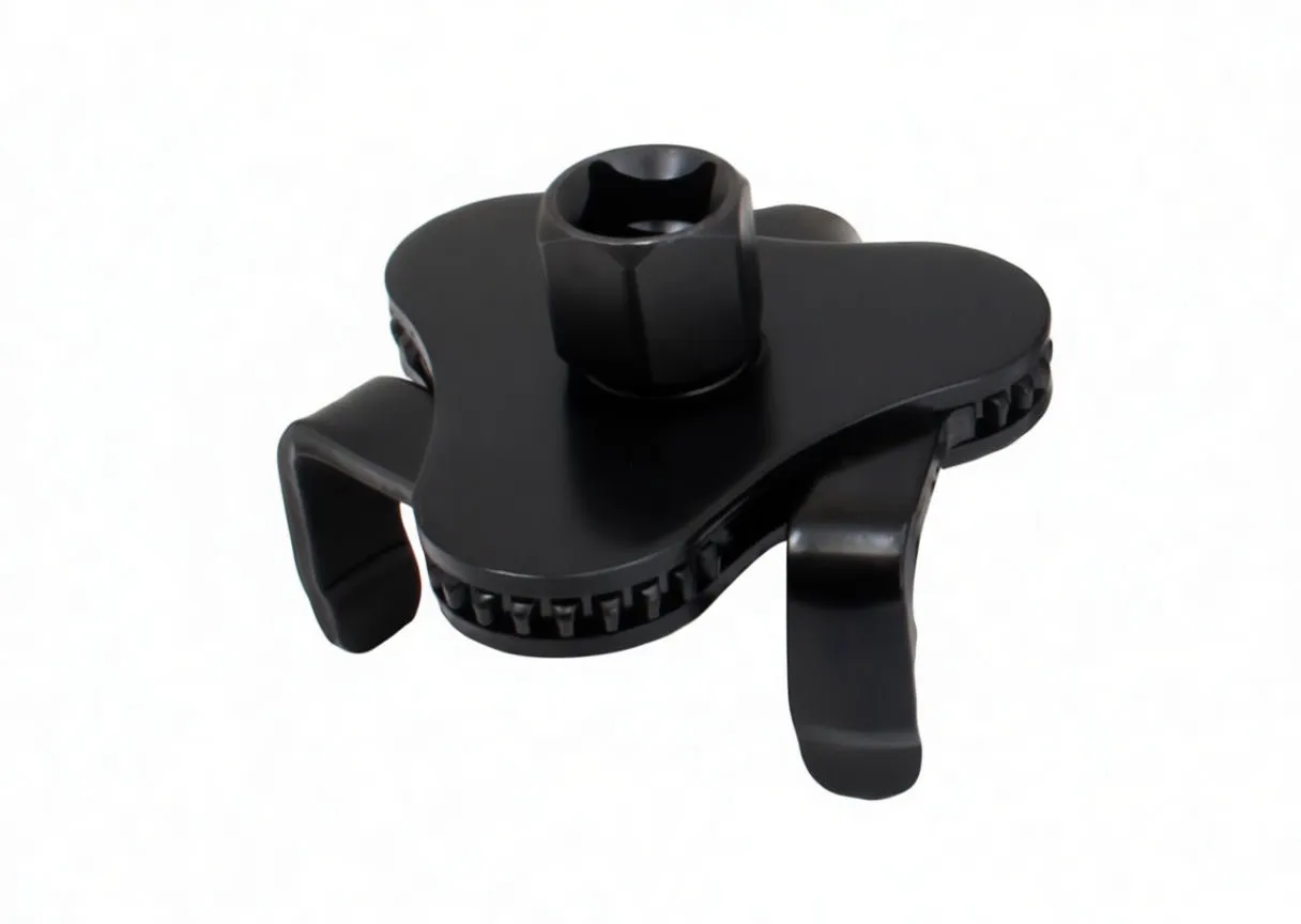 Angled view of wrench showing two legs, toothed gearing and central socket