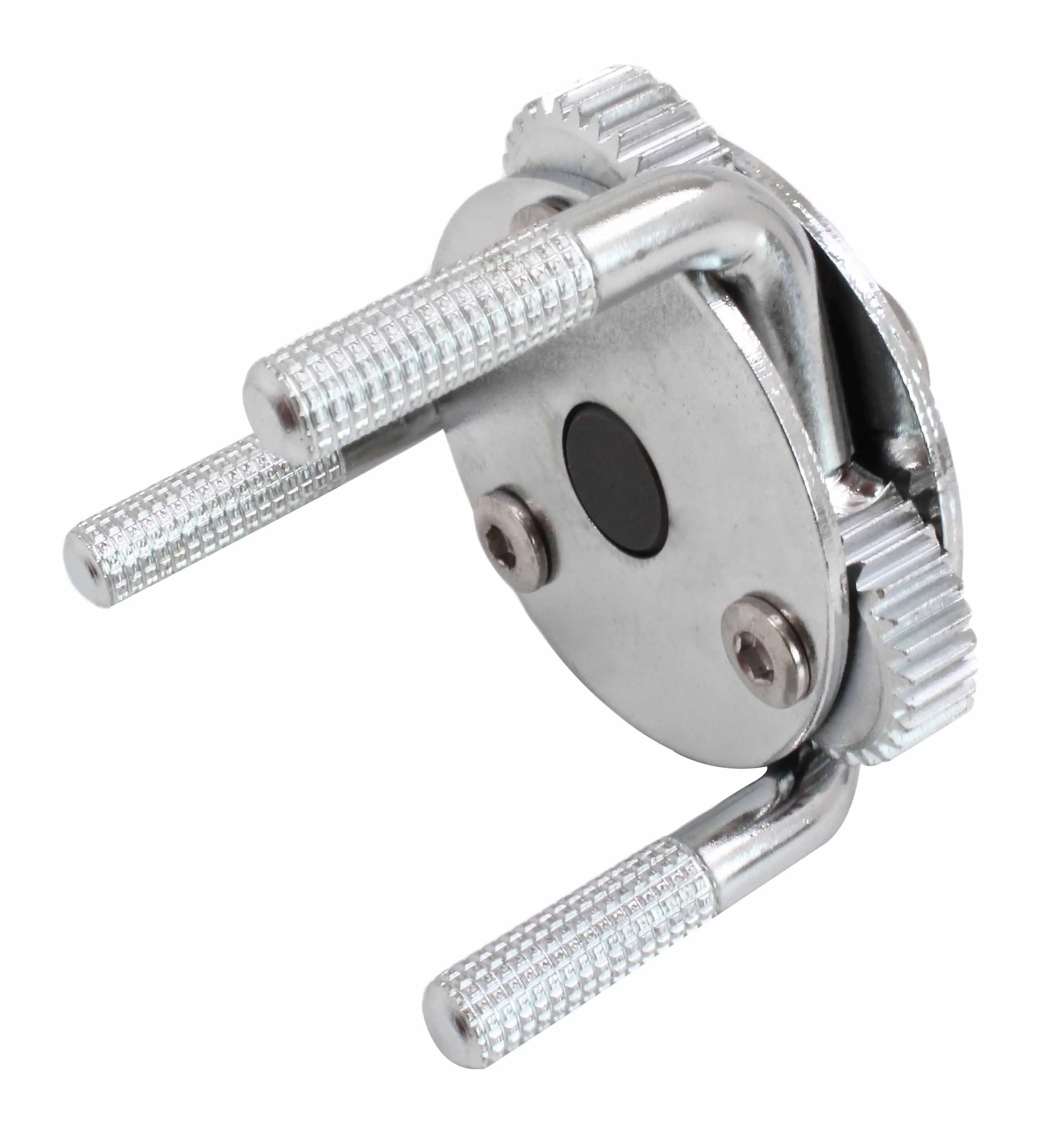 Rear view of chrome 3-leg oil filter wrench showing back plate, knurled arms and black center pad