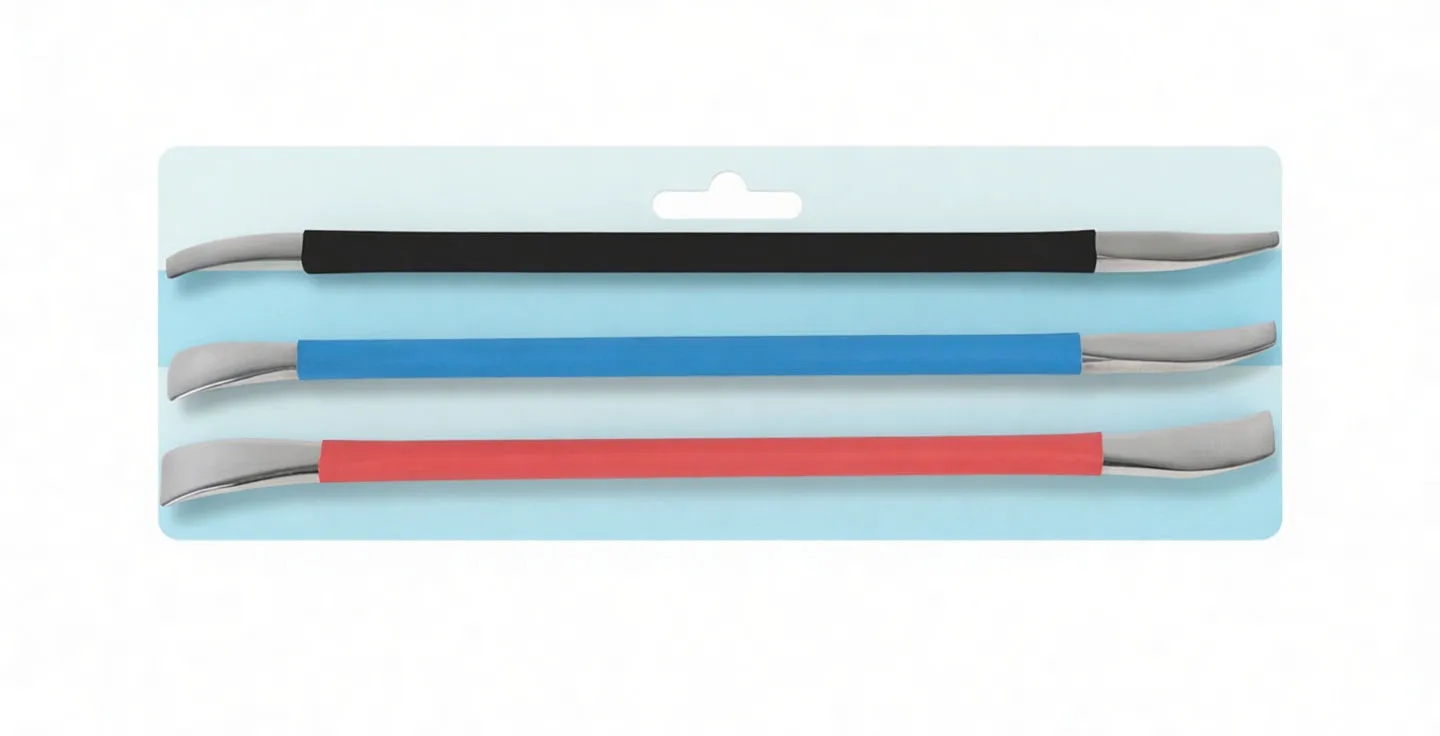 Blister-packaged 3-piece light-duty pry bar set with red, blue and black coated handles visible through clear plastic on a printed backing card