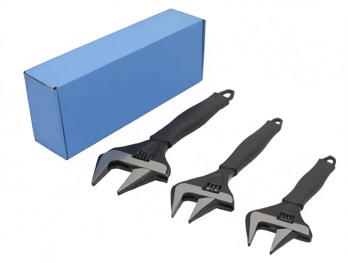 Top view of three adjustable wrenches aligned vertically showing handles and jaws