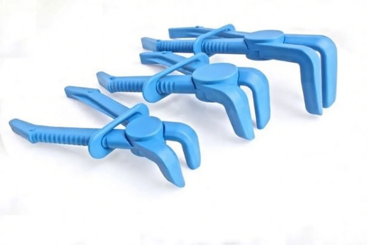 Low-angle view of three blue offset hose pliers lined up, highlighting their right-angle jaws and textured handles.